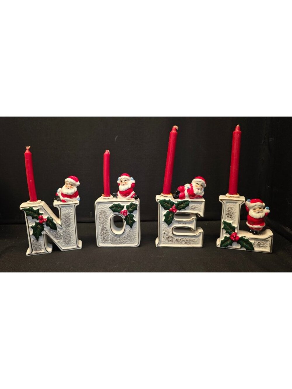 Vintage 1950s "NOEL" Ceramic 3" Letter Candle Holders Santa Figurines Christmas